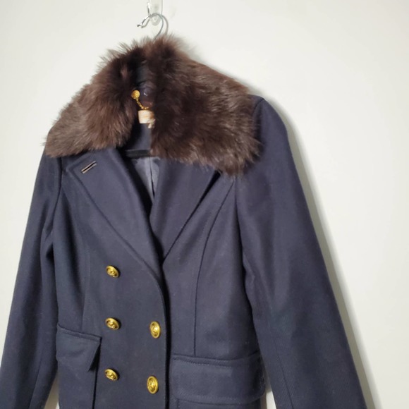 TORY BURCH • Navy Blue Alexandre Removable Fur Trim Pea Coat Sz 4 - Picture 5 of 11